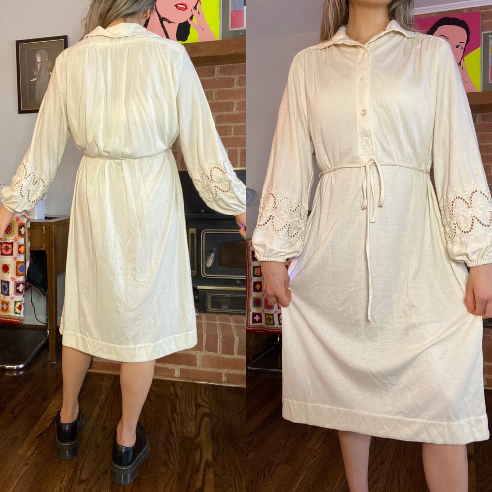 Vintage Jersey Stretch Knit Button Polo Collar Lace Eyelet Tie Belted Mi… - Picture 2 of 9